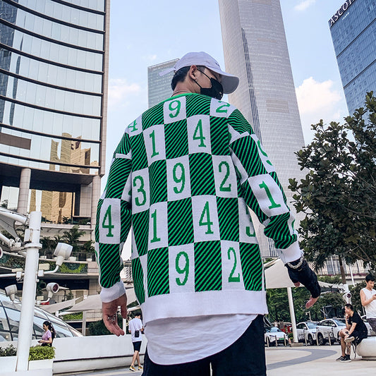 Men's Colorblock Checker Number Print Hip-Hop O-Neck Long Sleeve Sweater