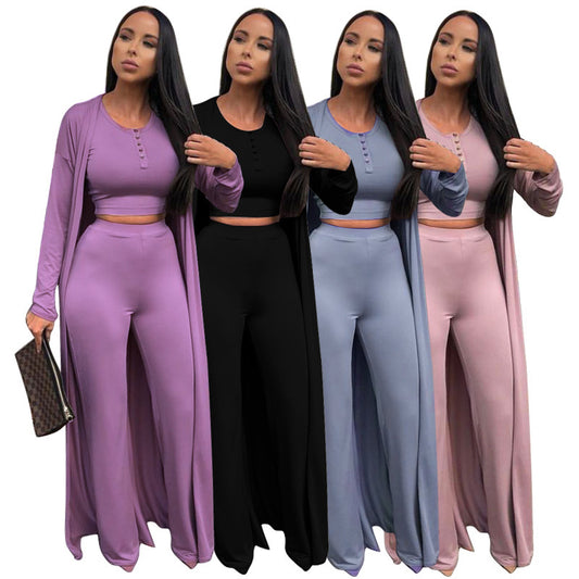 Open Solid Color Women's Maxi Cardigan + Button-Up Crop Top + Elastic Waist Leggings 3-Piece Set