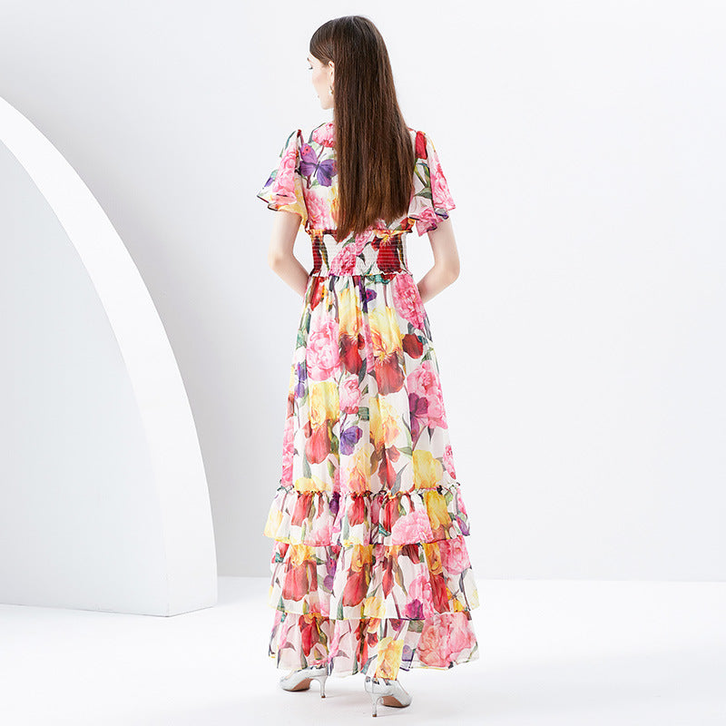 Rose Flower Multi-Colored Print Short Sleeve V-Neck Tiered Ruffled Maxi Dress