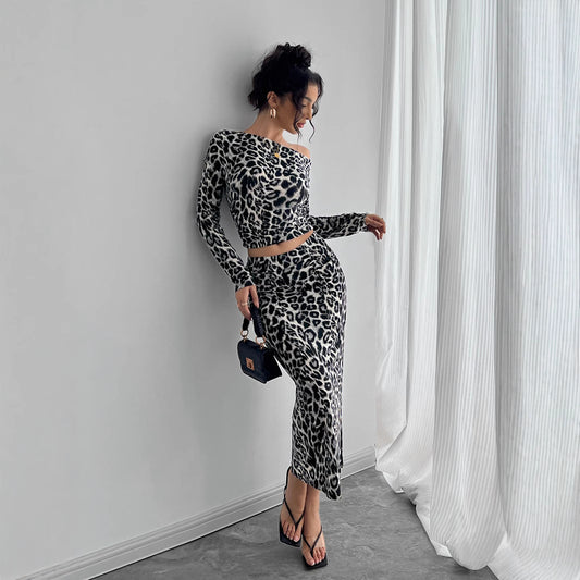 Black/Grey Leopard Print Long Sleeve Shirt + High Slit Maxi Skirt Women's 2-Piece Set