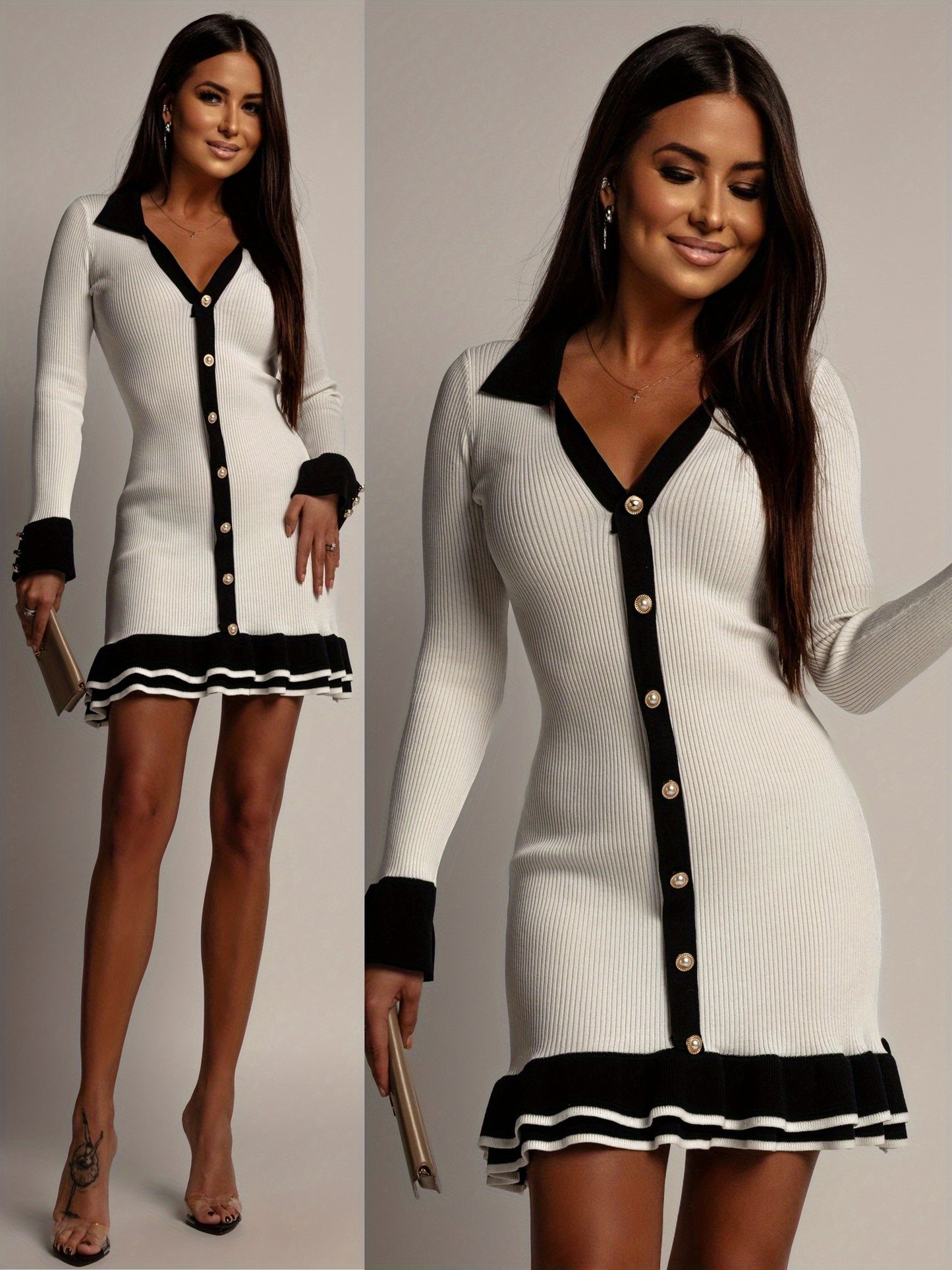 Gold Pearl Button Turn-Down Colorblock Design Long Sleeve Fish Tail Hem Mini Sweater Dress