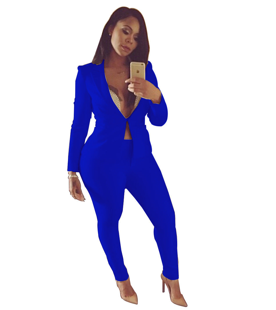 Hollow-Out, Low-Cut Solid Color Women's Blazer Jacket + Skin Tight Pants Suit