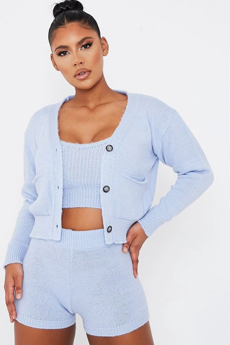 Fuzzy Women's Button-Up Solid Color Cardigan Sweater + Ribbed Crop Tank Top + Mini Shorts 3-Piece Set