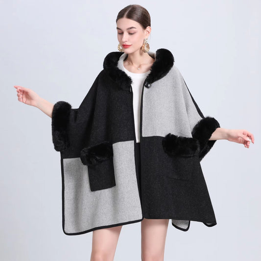 Colorblock Women's Faux Fur Collar Hooded Shawl Cape Coat