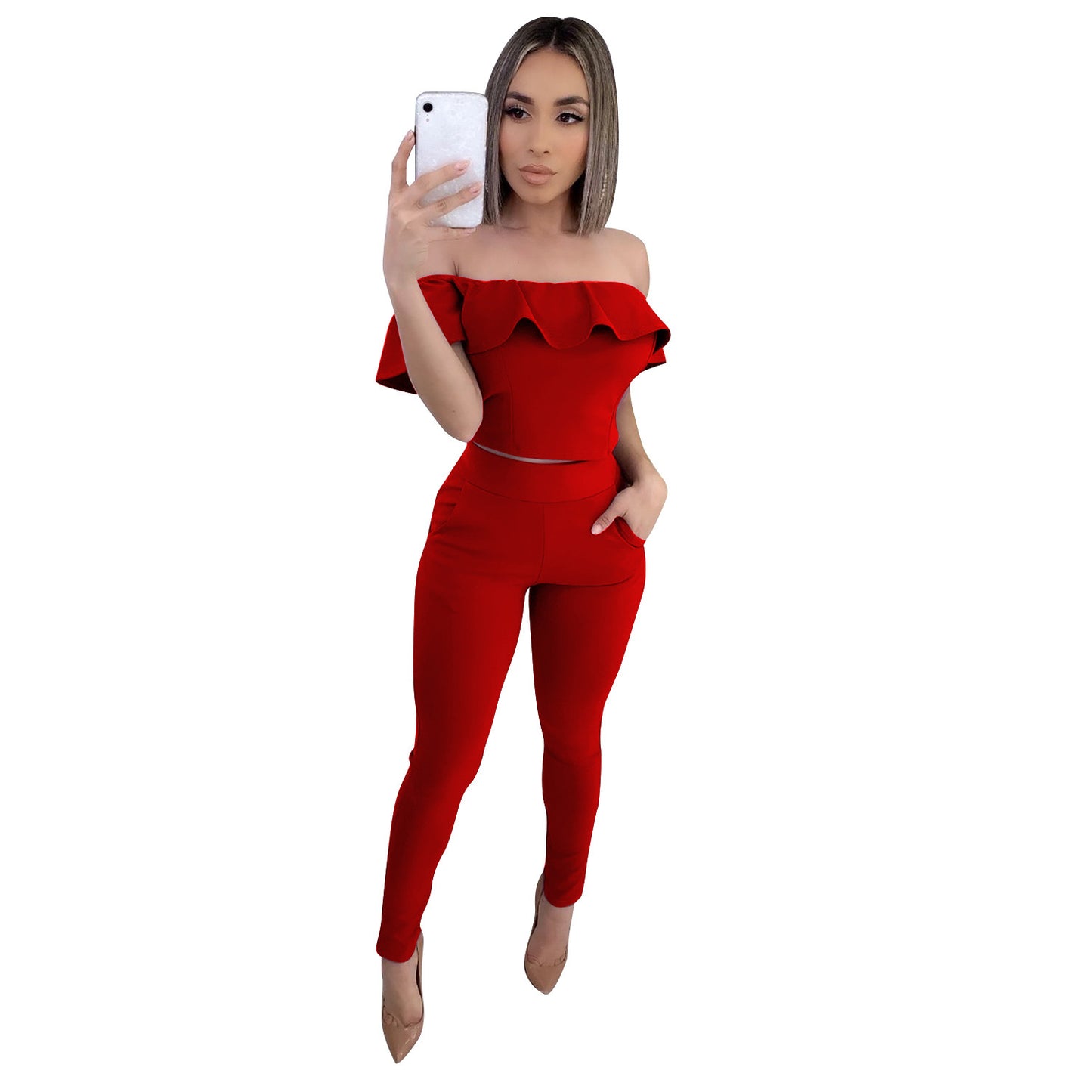 Ruffled Solid Color Off-the-Shoulder Sleeveless Crop Top + Skinny Leggings 2-Piece Set