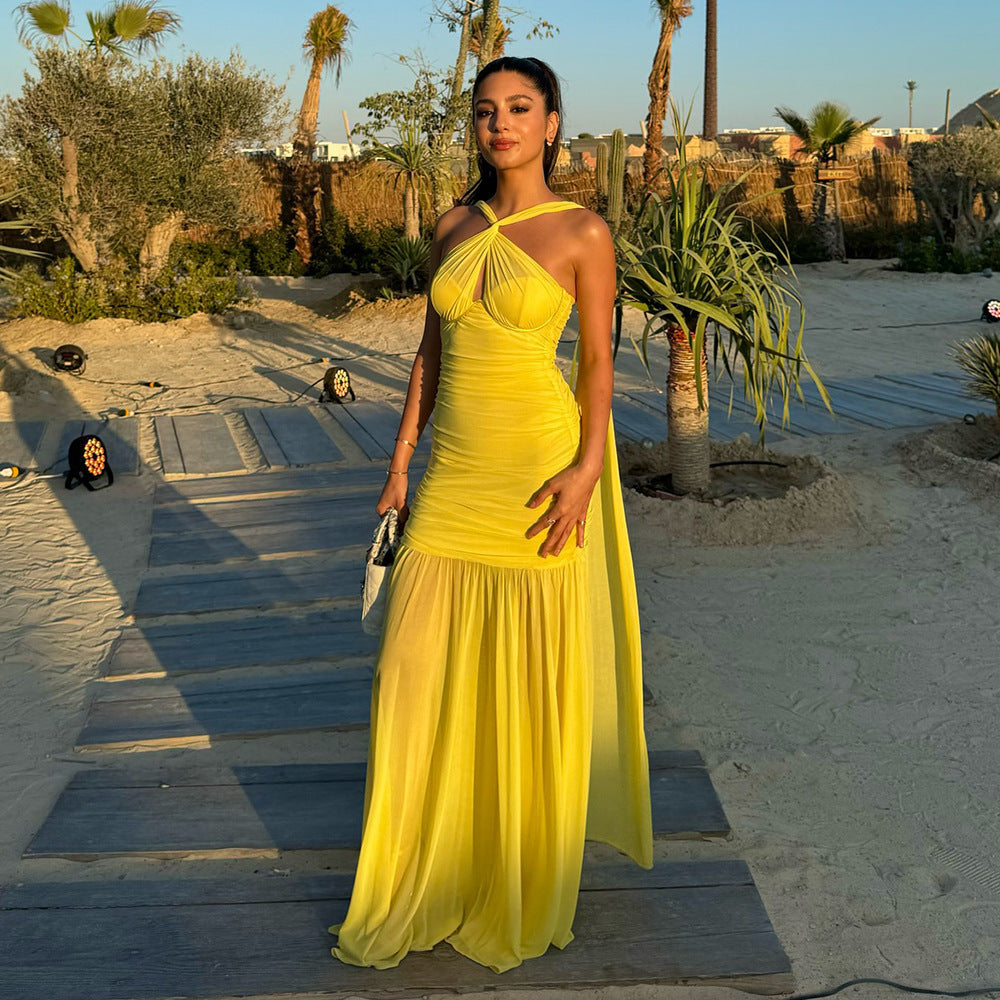 Yellow Mesh Transparent Ruched Halter High Slit Maxi Dress