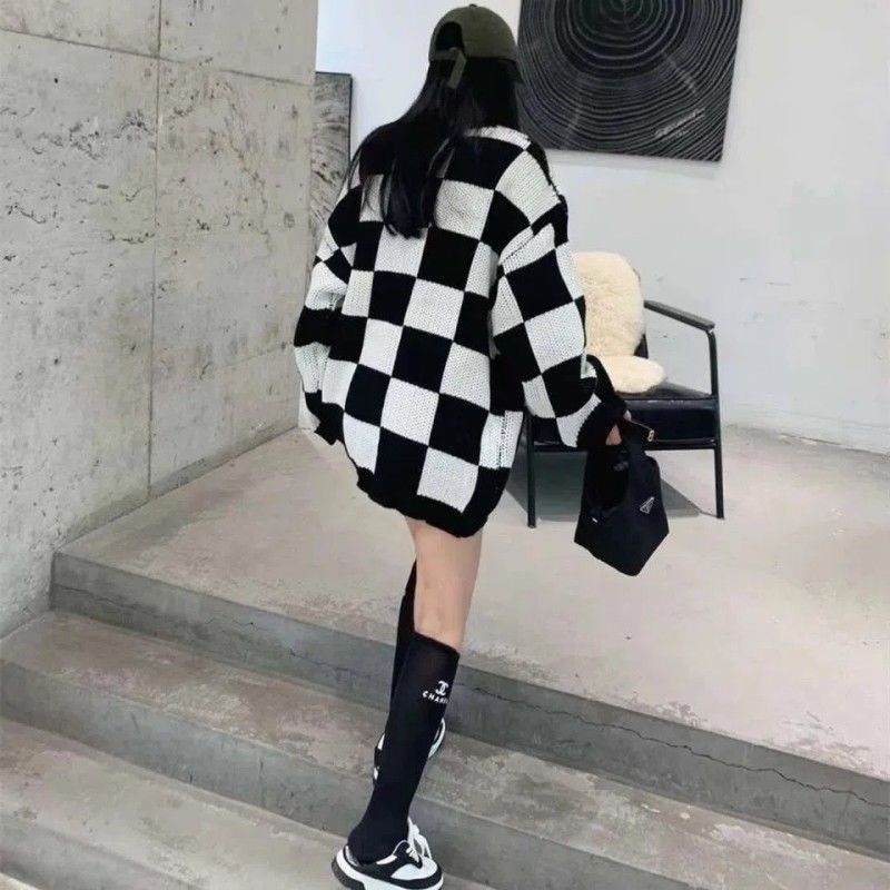 Checker Colorblock Print Women's Long Sleeve Oversized Sweater