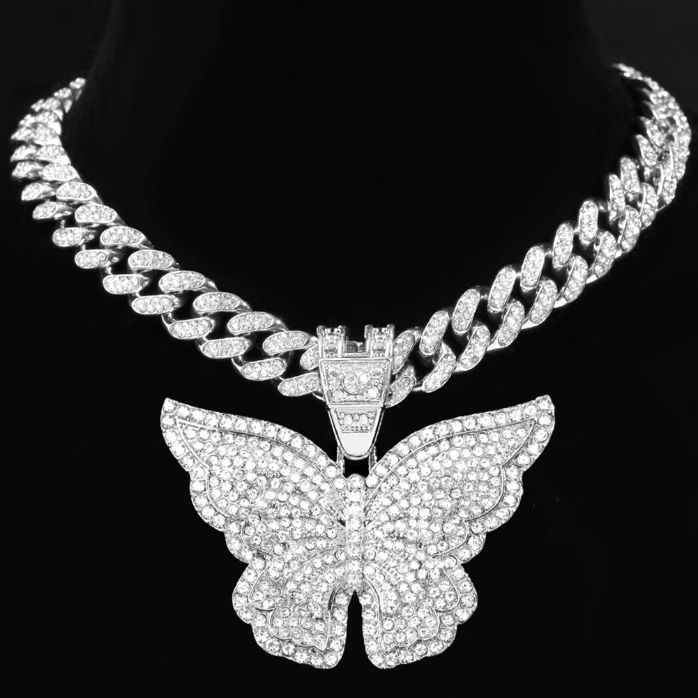 Iced-Out Large Diamond Silver/Gold Butterfly Pendant Cuban Chain Necklace-5 Sizes