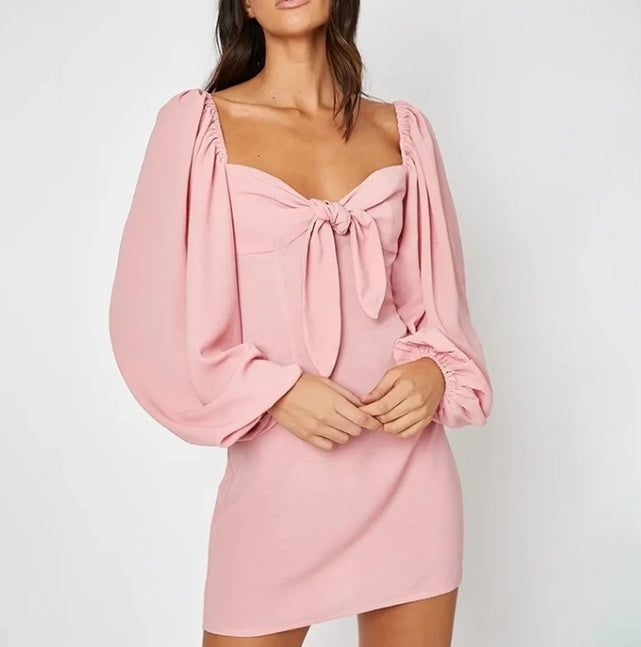 Retro Long Puff Sleeve Bowknot Decor Off-the-Shoulder Mini Dress