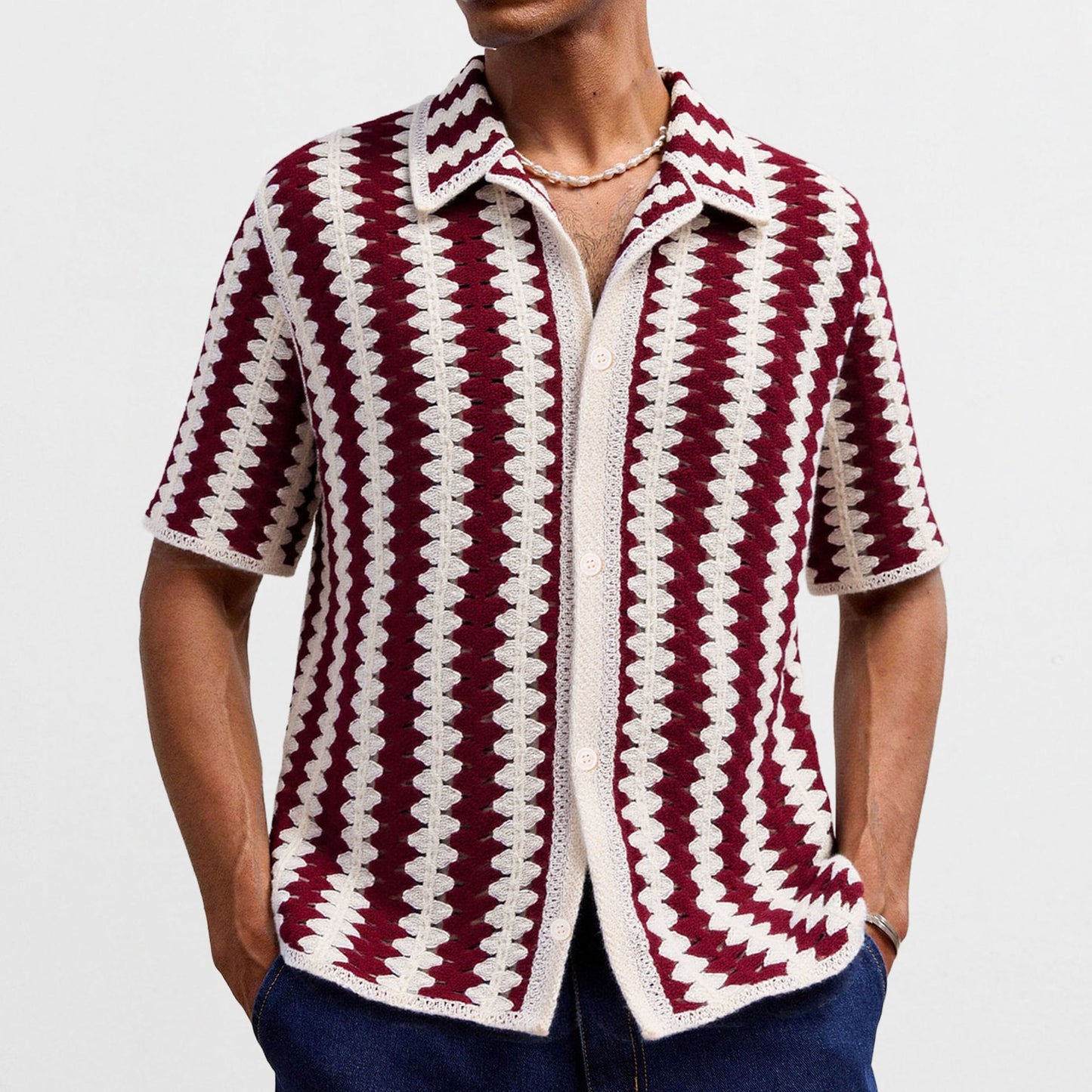 Men's Crochet Burgundy/White Vintage Striped Knitted Short Sleeve Shirt