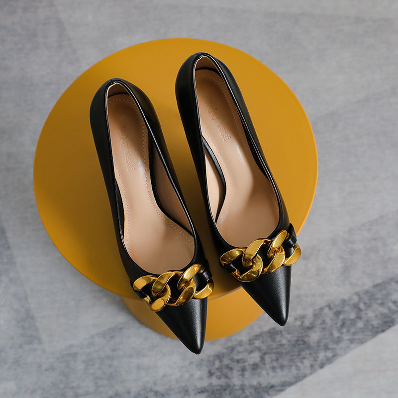 Gold Chain Detail Women's Stiletto Heel Metal Buckle Pointed Toe Shallow Mouth Pumps
