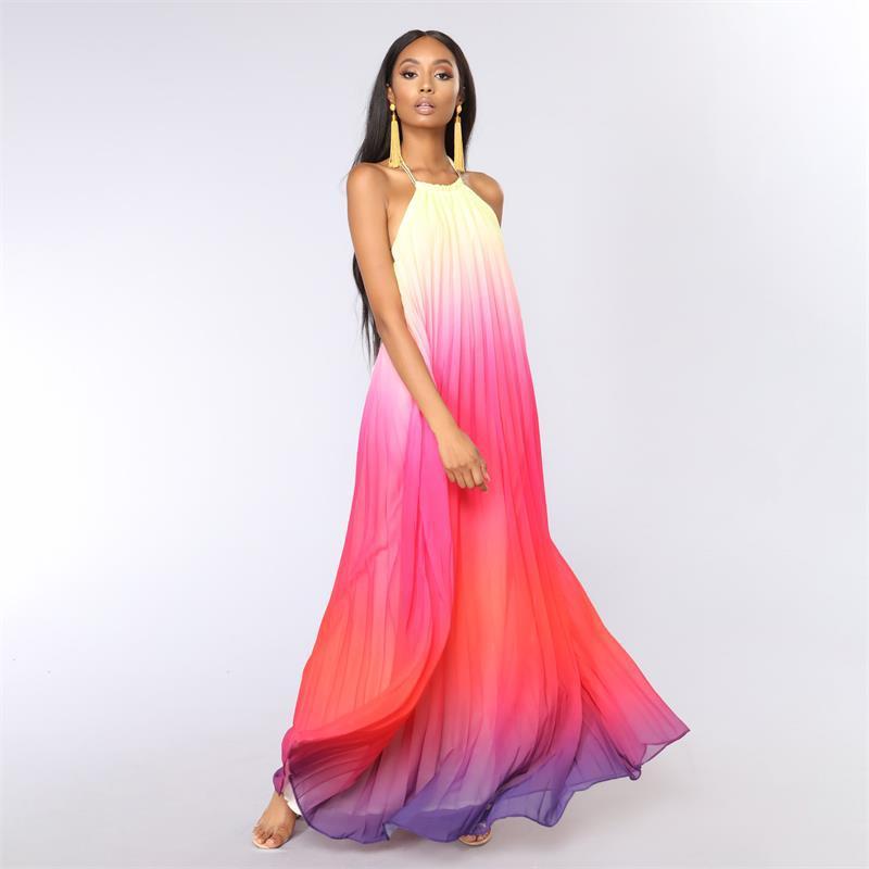 Gradient Colorblock Pleated Sleeveless Ruched Chiffon Halter Formal Maxi Dress