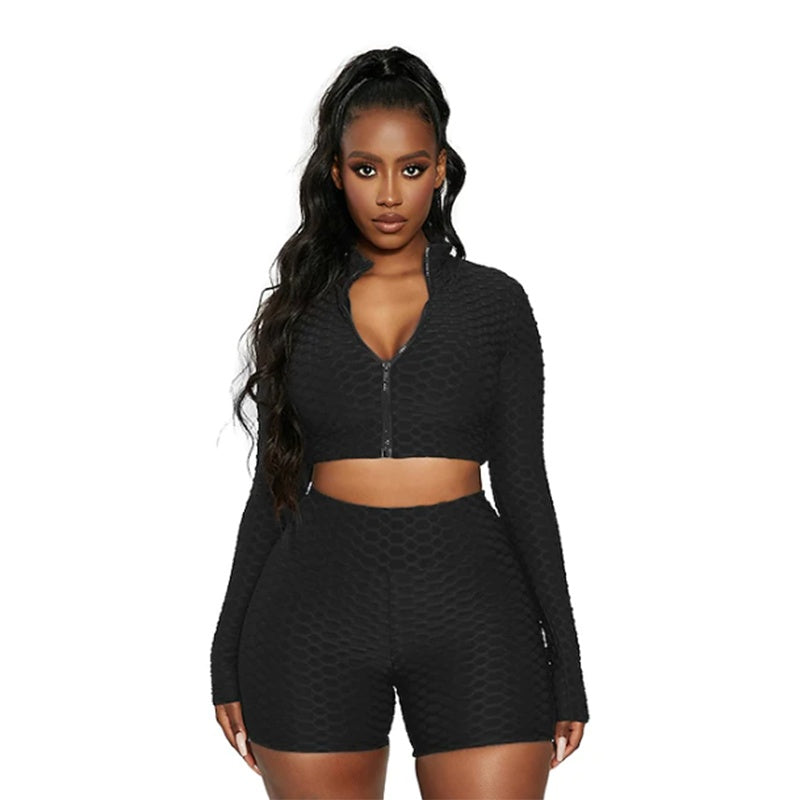 Texturized Fitness Long Sleeve Crop Zipper Jacket + Workout Gym Shorts 2-Piece Set