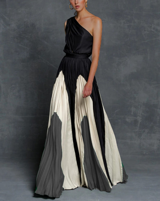 Asymmetrical Pleated One Shoulder Sleeveless Colorblock Striped/Floral Print Sleeveless Flared Maxi  Dress to 3X Plus Size