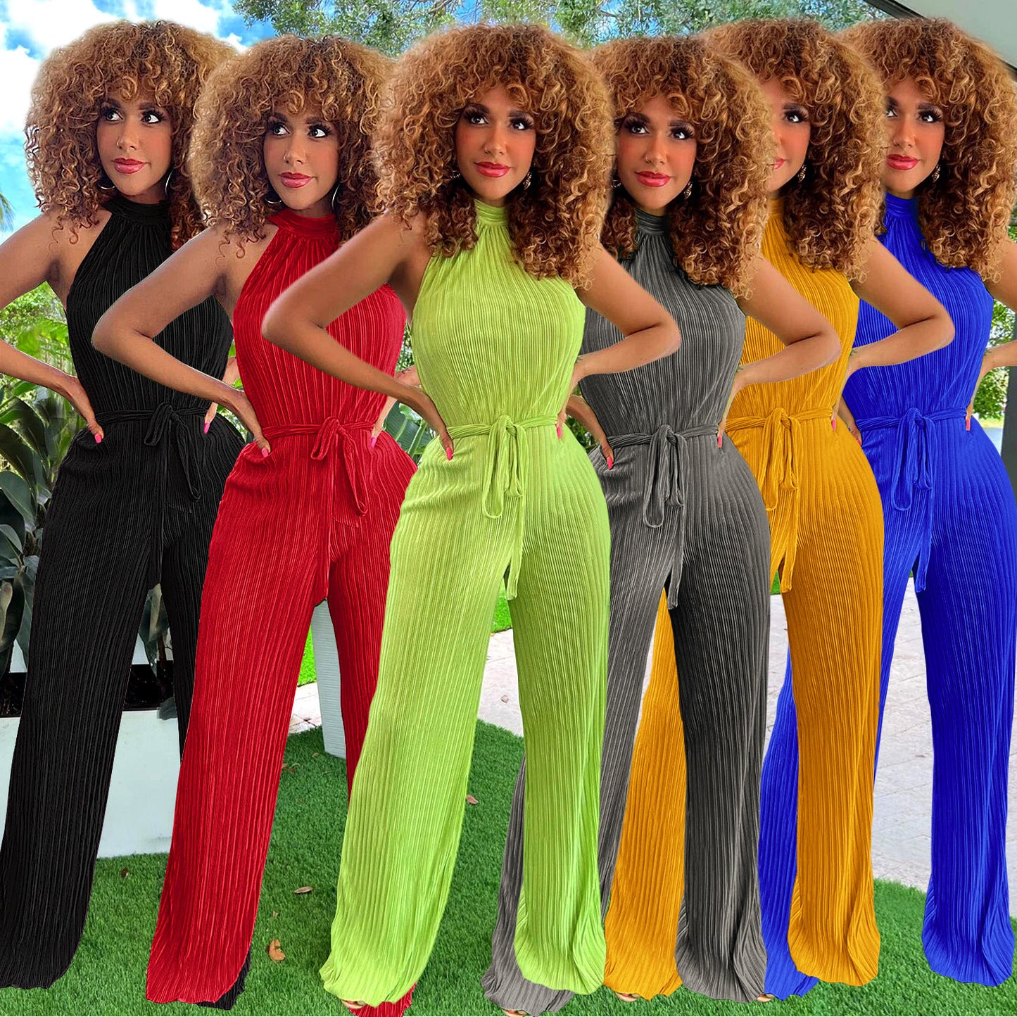Ribbed Pattern Pleated Women's Lace-Up Solid Color Jumpsuit
