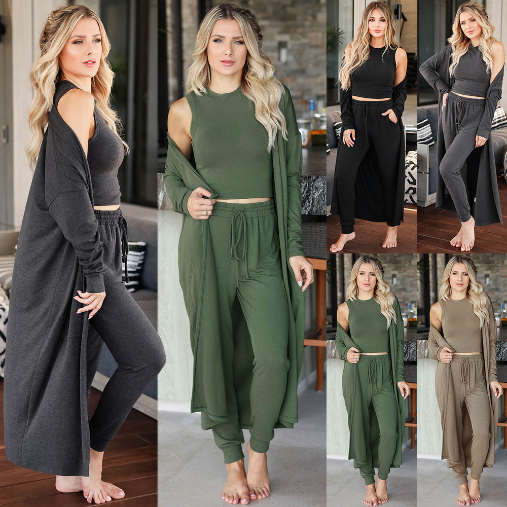 Knitted Solid Color Women's Maxi Cardigan + Sleeveless Crop Top + Pants 3-Piece Set