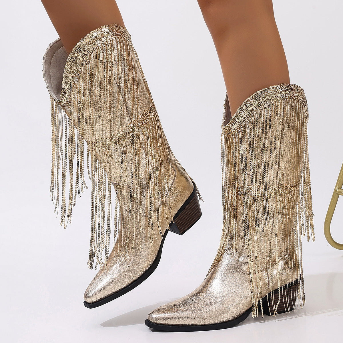 Western Metallic Silver/Gold Women's Tassel Fringe Design Chunky Heel Pleated Cowgirl Knight Boots