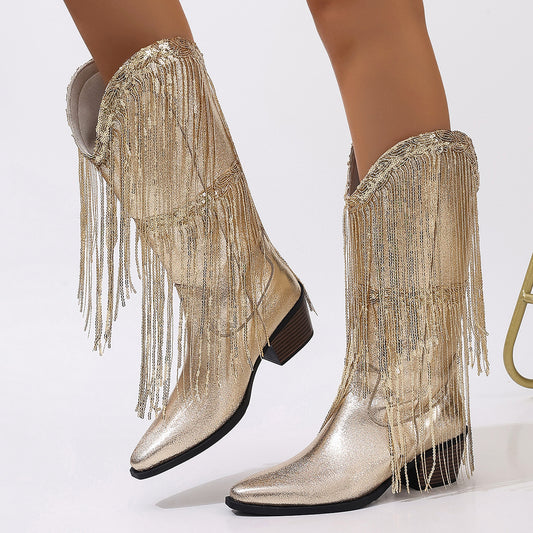 Western Metallic Silver/Gold Women's Tassel Fringe Design Chunky Heel Pleated Cowgirl Knight Boots