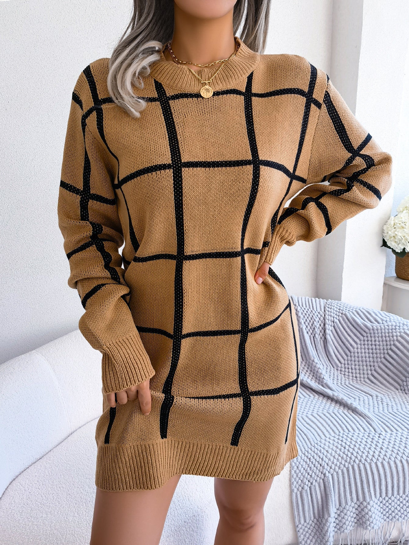 Colorblock Plaid Print Long Sleeve Base Mini Sweater Dress
