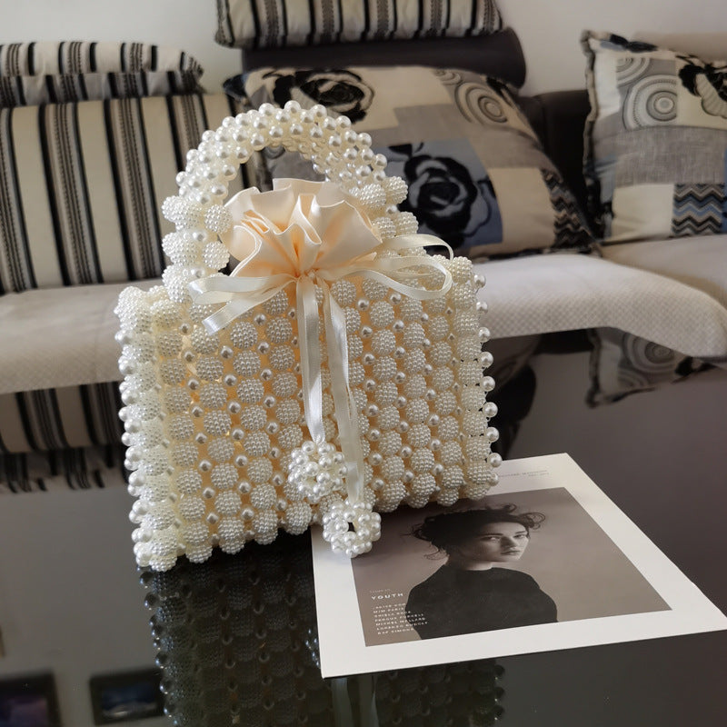 Satin Pearl Beaded Bowknot Decor Square French Niche Hand-Weaved Dinner Satchel Purse