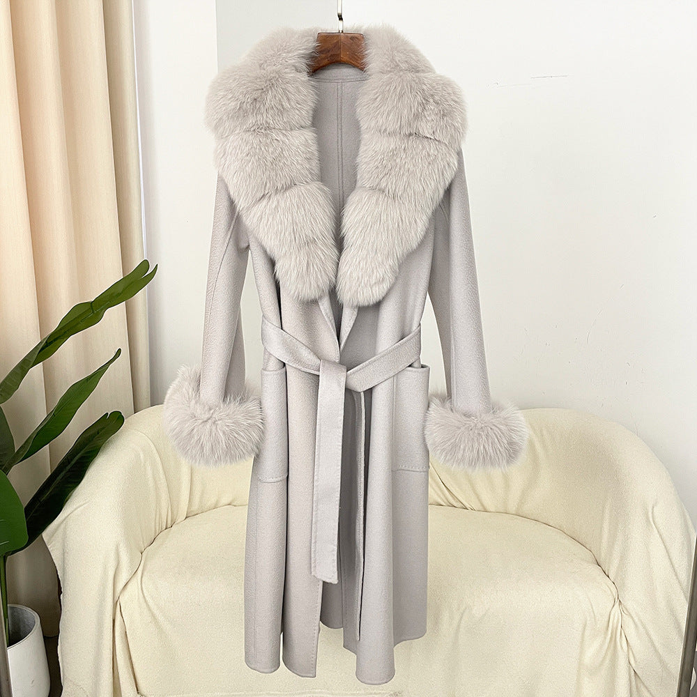 Oversized Fur Collar Double Sided Water Ripple Wool Women's Trenchcoat