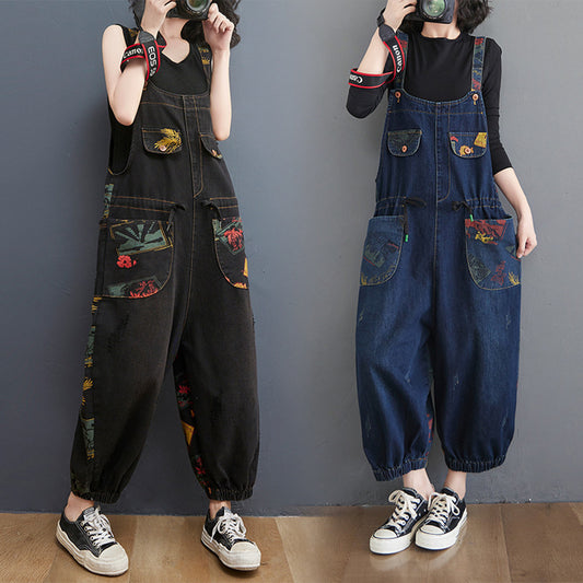 Denim Women's Floral Print Baggy Streetwear  Suspender Jean Overall Jumpsuit