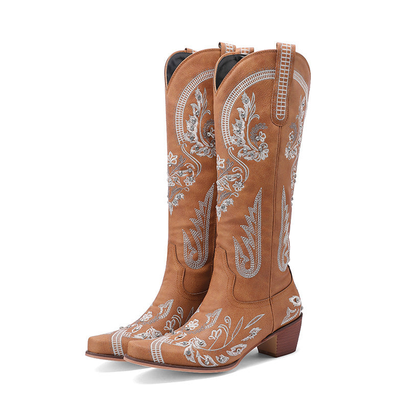 Embroidered Western Denim Retro Women's Knee-High Cowgirl Rodeo Boots