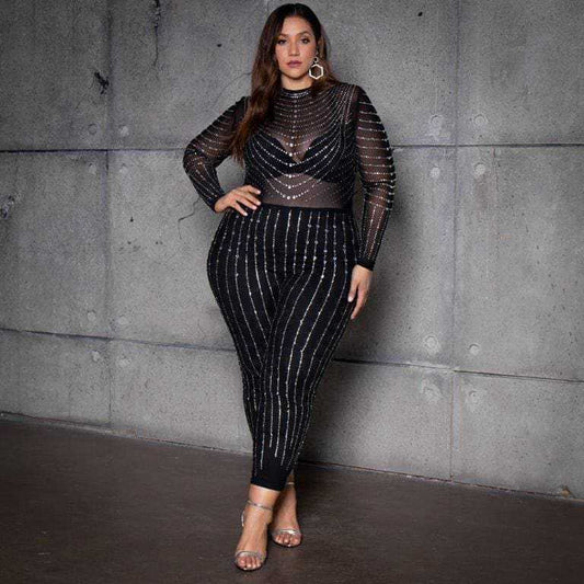 Crystal Rhinestone Black Mesh Metallic Striped Transparent Long Sleeve Skinny Fit Jumpsuit to 5X Plus