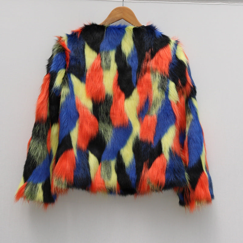 Faux Fox Fur Rainbow Colorblock Women's O-Neck Jacket to 8X Plus Size