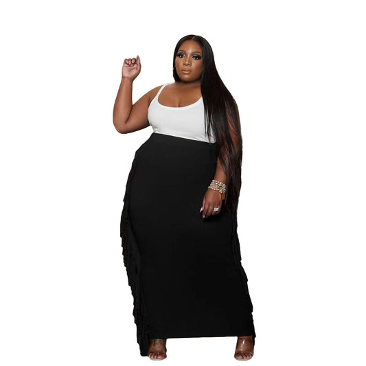 Tassel Fringe Design Solid Color Elastic Waist Maxi Skirt to 5X Plus Size