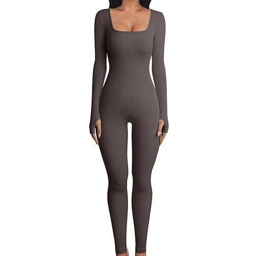 Solid Color Yoga Workout Long Sleeve Square Collar Gym Jumpsuit to 3X