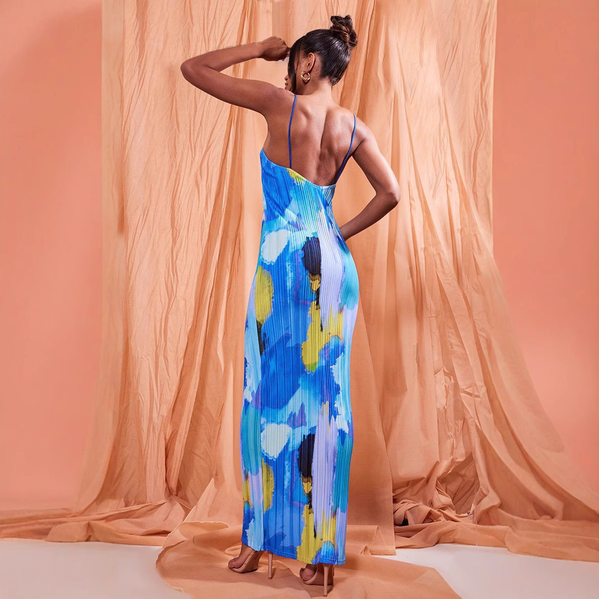 Pleated Sleeveless Floral Colorblock Print Spaghetti Strap Sling Maxi Dress