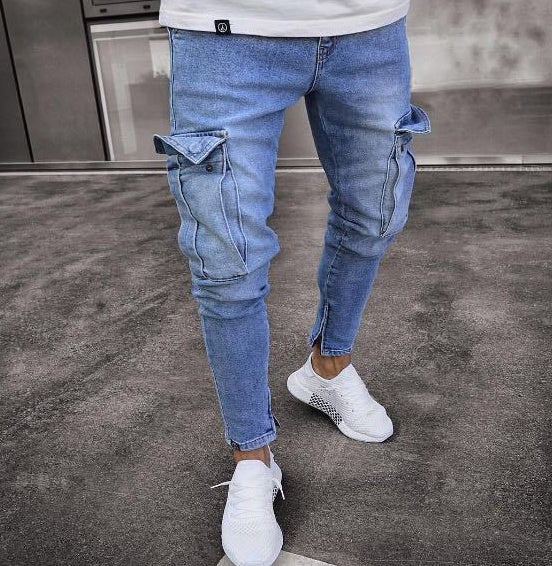 Men's Denim Ripped Hole Pattern Cargo Pocketed Skinny Jeans