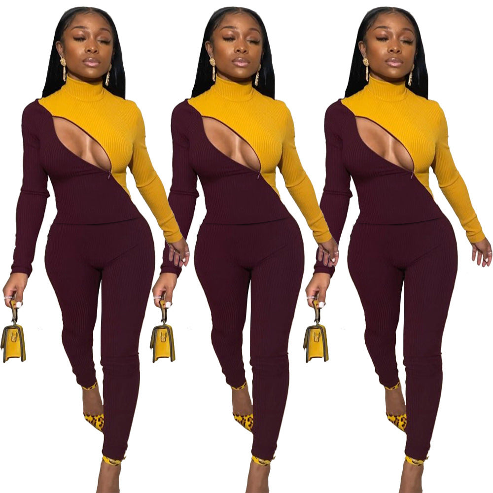 Colorblock Mock Neck Hollow-Out Long Sleeve Skinny Women's Jumpsuit