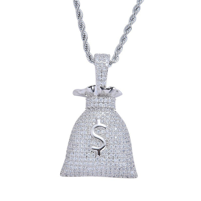 Metallic Money Bag Micro Zircon Pendant Hip-Hop Chain Necklace