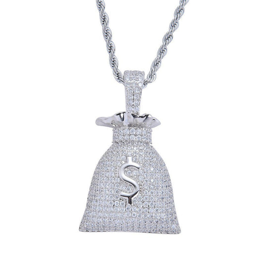 Metallic Money Bag Micro Zircon Pendant Hip-Hop Chain Necklace