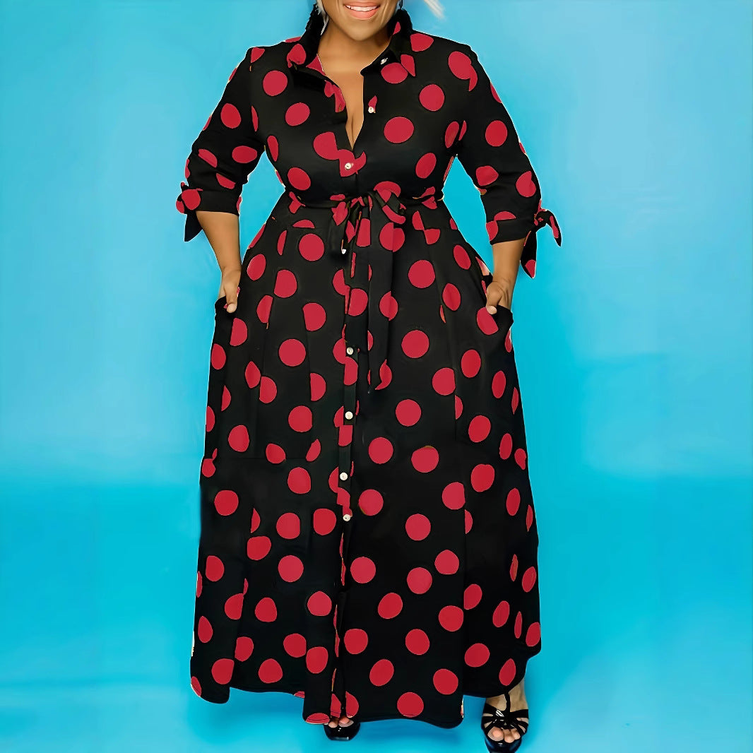 Polka Dot Print Button-Up Long Sleeve Maxi Dress w/ Sash Belt to 7X Plus Size