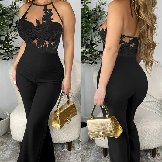 Mesh Floral Stitching Skin Tight Sleeveless Jumpsuit