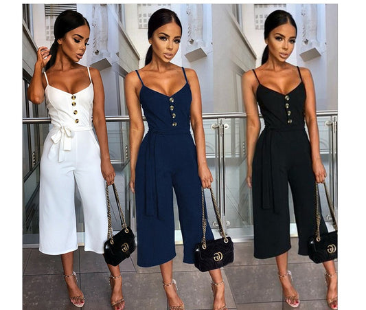 Sleeveless Halter Spaghetti Strap Solid Color Button-Up Capri Pants Romper