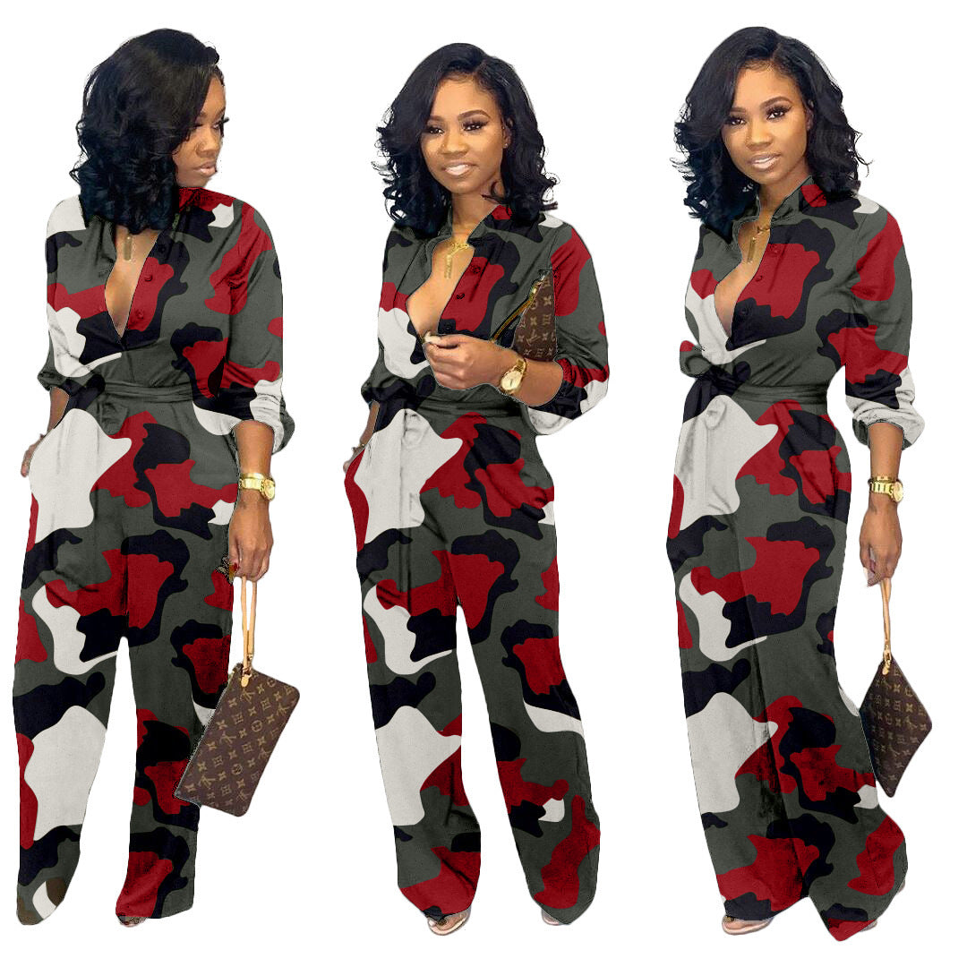 Camoflauge V-Neck Long Sleeve Women's Wide Leg Jumpsuit