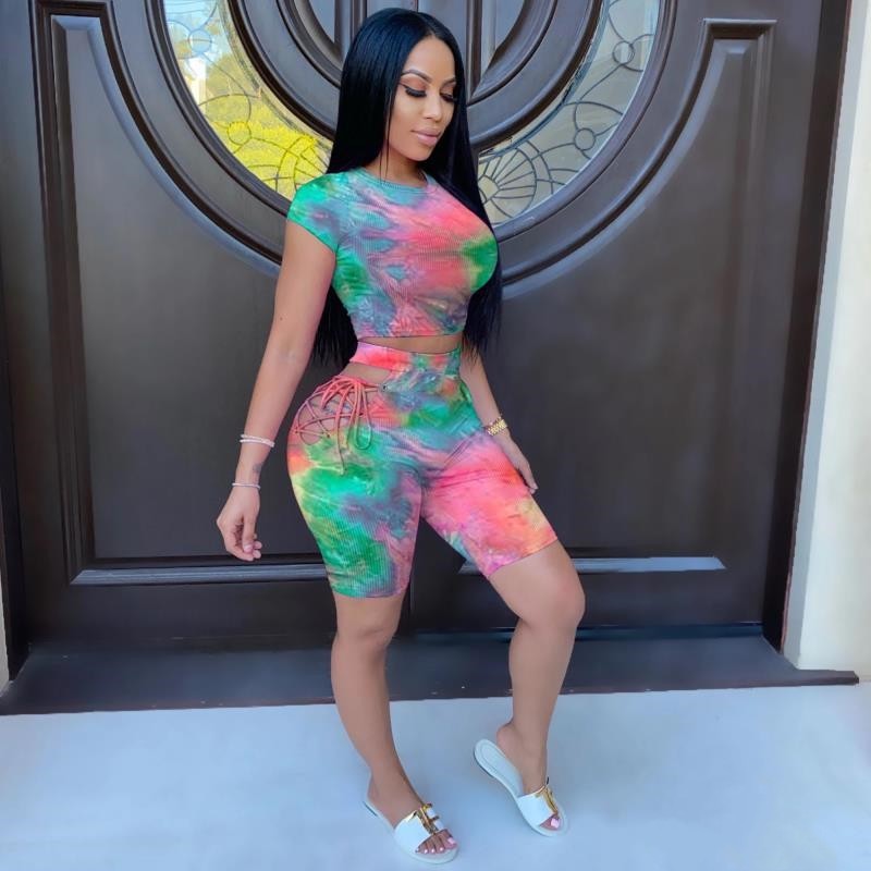 Tie-Dye Women's Short Sleeve + Biker Shorts 2-Piece Set