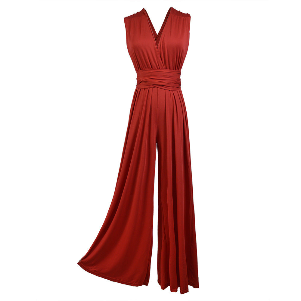 Criss-Cross Bandage Wide Leg V-Neck Sleeveless Women's Solid Color Wide Leg Jumpsuit