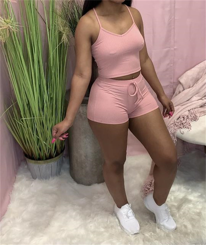 Solid Color Women's Fitness Crop Tank Top + Drawstring Elastic Waist Gym Shorts 2-Piece Set