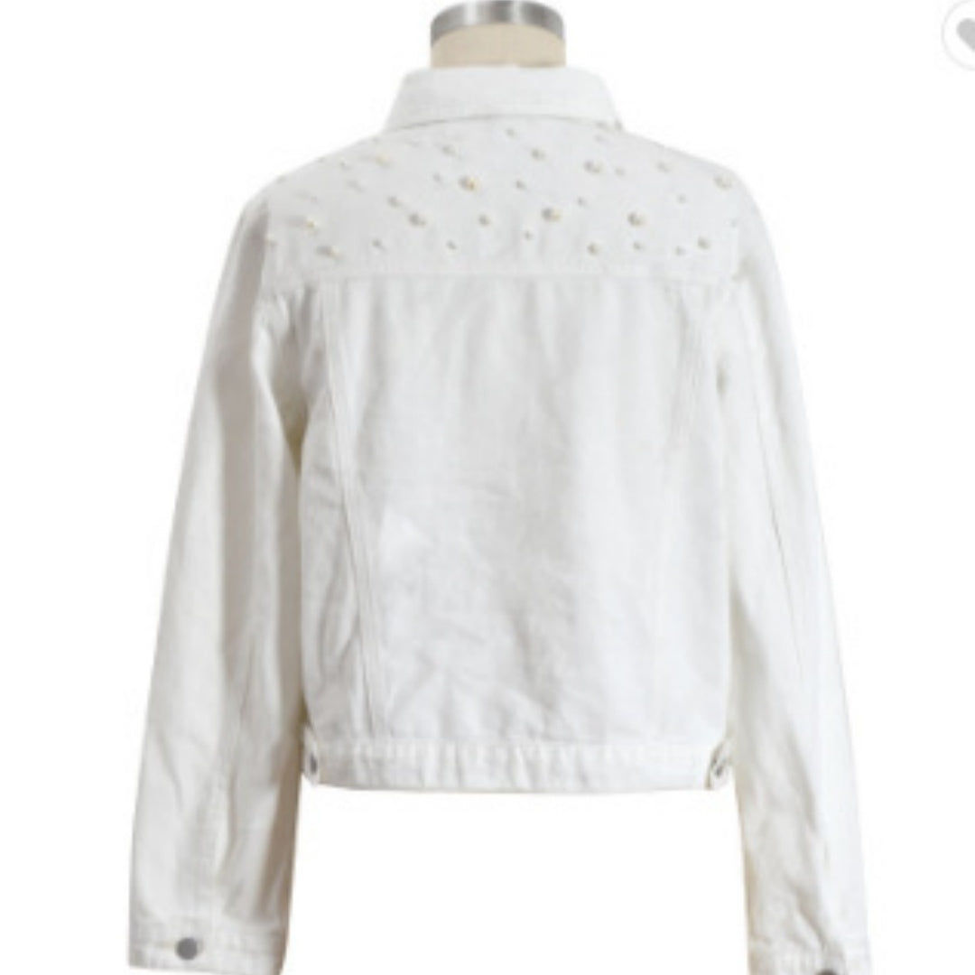 Denim Beaded Pearl Embellished Women's Button-Up Jean Jacket to 5X Plus Size