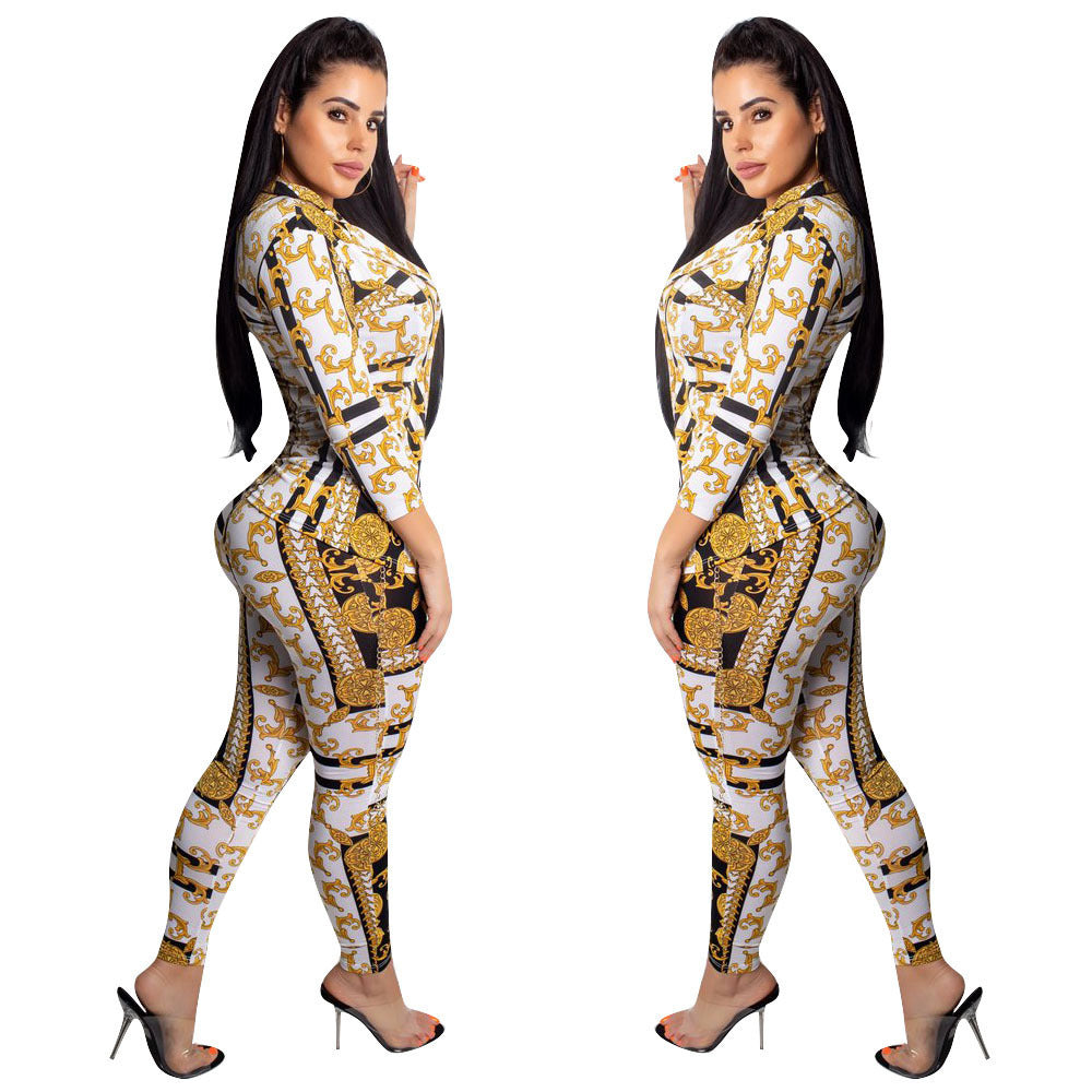 Baroque Yellow/Black Women's Long Sleeve Jacket + Skin Tight Leggings 2-Piece Set