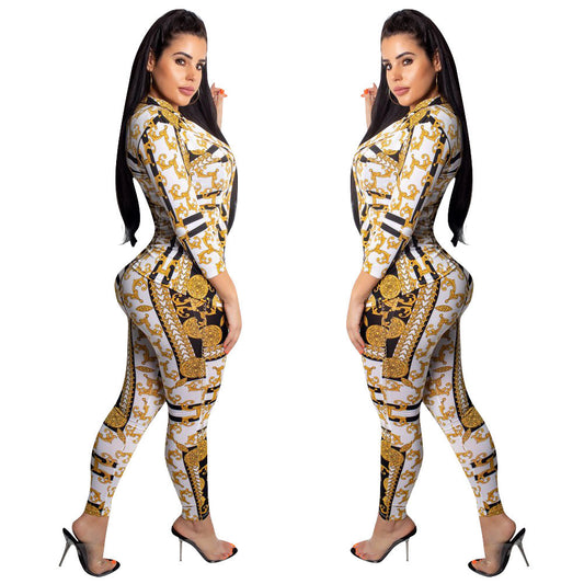 Baroque Yellow/Black Women's Long Sleeve Jacket + Skin Tight Leggings 2-Piece Set