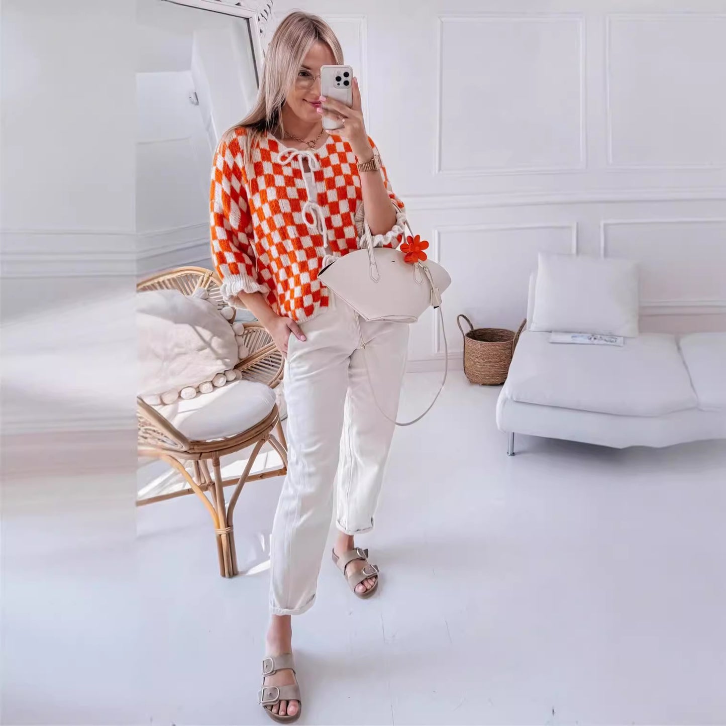 Plaid Checker Colorblock Print Bowknot Design Women's 1/2 Sleeve Sweater