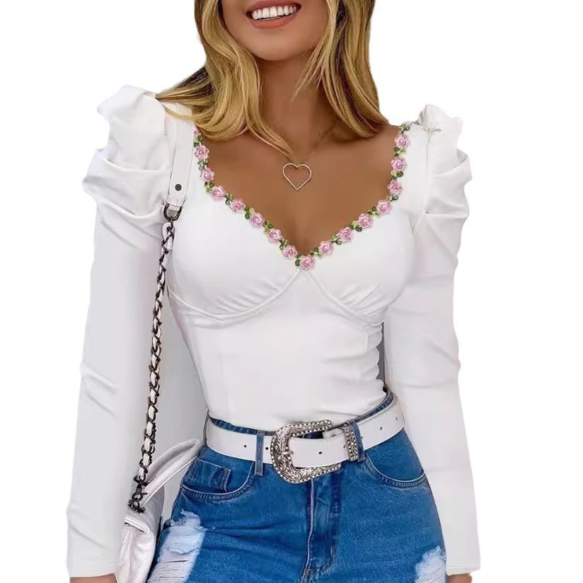 Rose Flower Embroidered Lace Ribbon Decor Puff Sleeve V-Neck Women's Long Sleeve Shirt