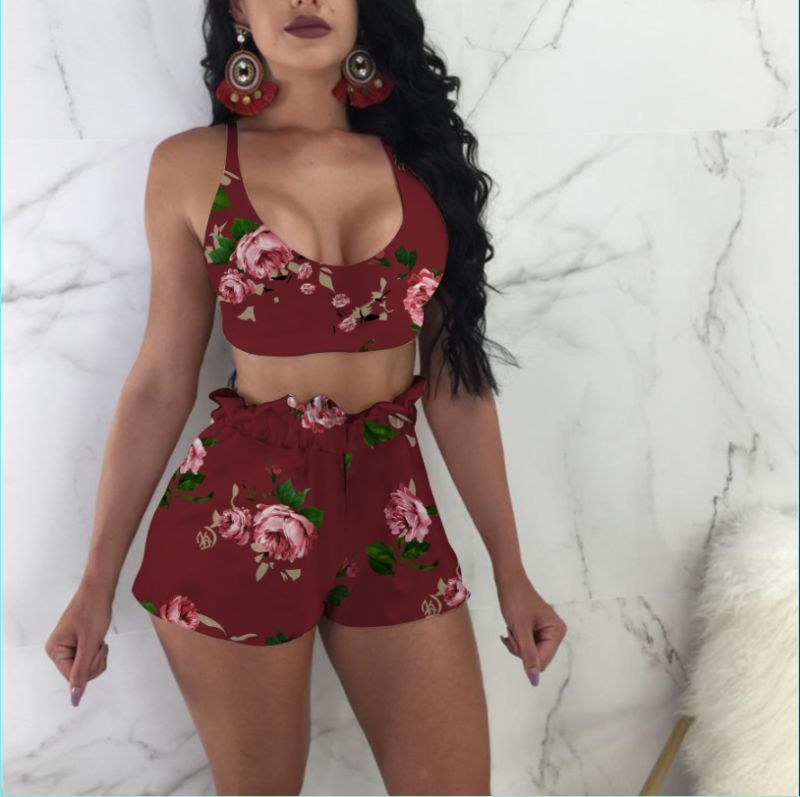 Flower Print V-Neck Crop Tank Top + Lace-Up Women's 2-Piece Set