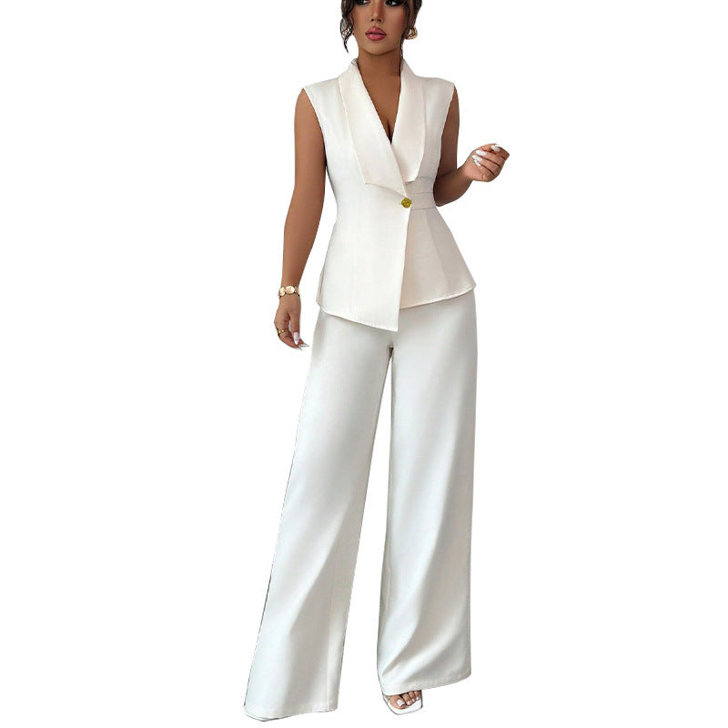 Button Front Women's Solid Color Dress Vest + Straight Leg Trouser Pants Suit